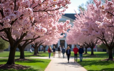 Cherry trees bloom on a college campus with students in the background. High quality