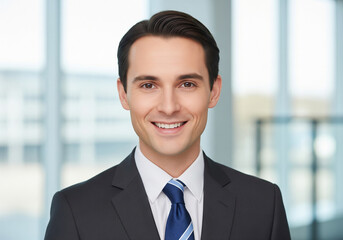 Smiling businessman in formal suit in office setting