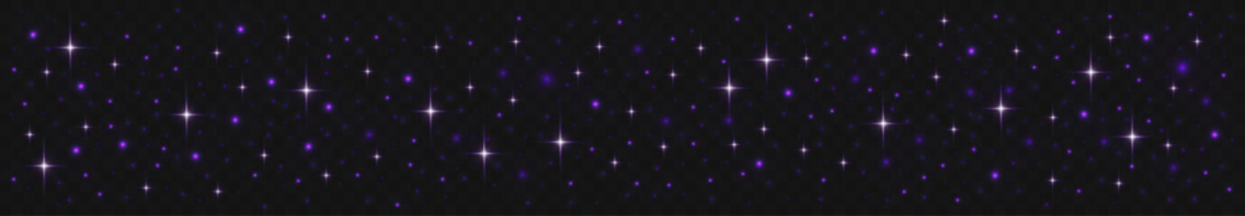 Naklejka na ściany i meble Purple galaxy stars with particle dots and glitter sparkles on black background for cosmic design. Bright flares with shimmering lights and space dust. Night sky decoration overlay with magical glow.