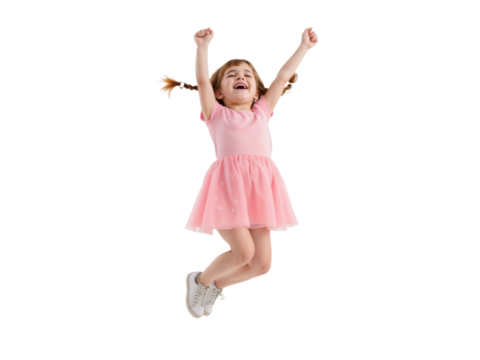Little girl in pink dress joyfully jumping in the air with excitement and happiness indoors
