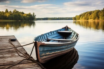 Obraz premium Old wooden rowboat moored to a dock on a calm lake reflecting the beautiful sunset sky