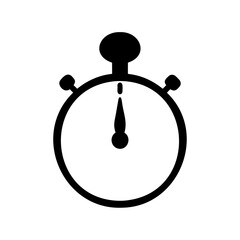 A simplistic black and white icon of a classic stopwatch design