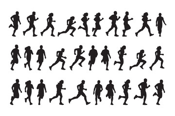 Black vector silhouettes of a group of people including business people, runners, and a family with a child playing