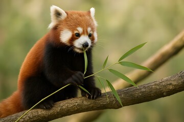 Obraz premium Red Panda Eating Bamboo Leaves in Natural Habitat