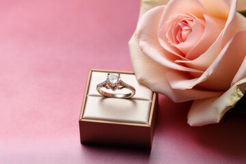 Beautiful diamond ring rests in a jewelry box next to a delicate pink rose, creating a romantic and luxurious scene