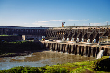 View of Itaipu Hydroelectric Dam under Clear Blue Sky in Foz do Igua&ccedil;u, Paran&aacute;, Brazil