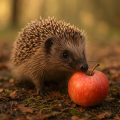 Fototapeta premium Cute Hedgehog Sniffing Red Apple in Autumn Forest