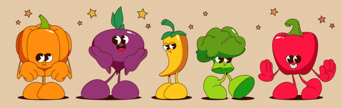 Naklejki Retro vegetable characters set isolated on background. Vector cartoon illustration of comic pumpkin, beet, pepper, broccoli mascots with smiling faces, hands and feet, cute veggie stickers collection