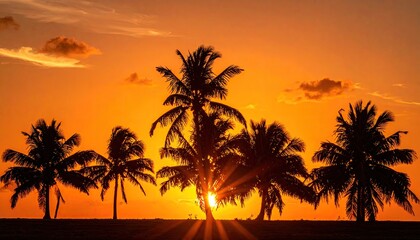 Silhouetted palm trees against a brilliant, fiery orange sky at sunset