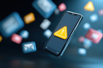 Alert Notification on Mobile Phone Screen Warning Message Display with Yellow Triangle Exclamation Mark in Technology 3D Illustration and App Notifications Icons