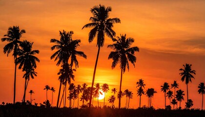 Silhouetted palm trees under a vibrant orange and yellow sunset