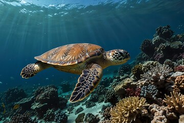 Fototapeta premium Green sea turtle swims gracefully through blue tropical ocean water near a coral reef