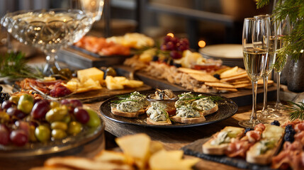 A lavish spread of appetizers and champagne glasses on a wooden table