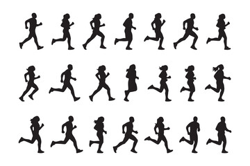 Vector silhouettes of people walking, running, and dancing in various sport and business poses