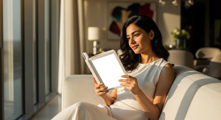 Fototapeta premium Stylish woman in white dress reading in sunny living room