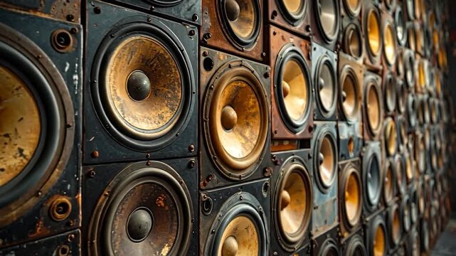 A wall of aged speakers with rusty metal and warm, contrasting colors, showcasing sound