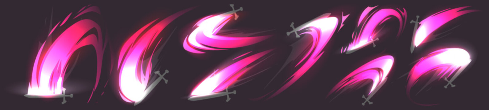 Medieval sword attack effects set isolated on black background. Vector cartoon illustration of ancient knife fight with neon pink slash light, game ui vfx design, weapon blade impact trail animation