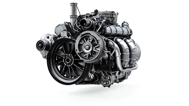 A detailed, isolated black and white engine rendering with a large fan, tubes, and intricate components