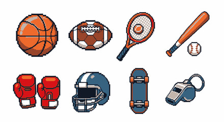 Fototapeta premium Pixelated Sports Equipment Basketball, Football, Tennis, Baseball, Boxing, Skateboard, and More