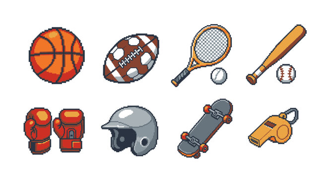 A vibrant collection of pixelated sports equipment icons, featuring a basketball, football, and skateboard in a retro 8-bit gaming style