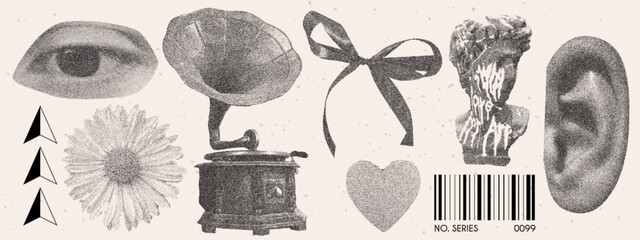 Halftone photocopy collage set. Grainy retro stickers gramophone, eye, flower, heart, bow, greek statue, ear and barcode. Dotted pop art style
