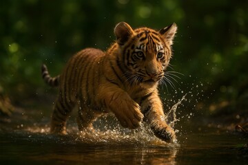 Playful tiger cub splashing in water, wildlife nature photography