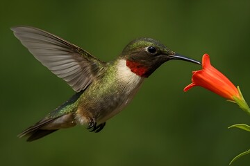 Colorful hummingbird feeding on red flower, macro wildlife photography