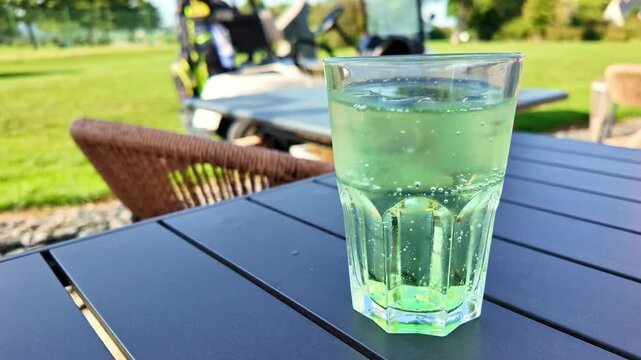 Glass of refreshing green diabolo drink on outdoor table, golf course and golf cart in background on sunny day. Close-up