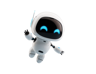 Adorable, friendly white robot with a big head and antenna floating on a black background
