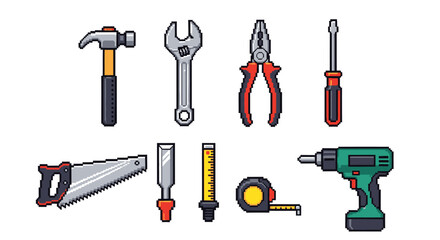 Fototapeta premium Pixel art icon set of various workshop tools for construction and do-it-yourself projects. Includes hand and power tools for building and maintenance
