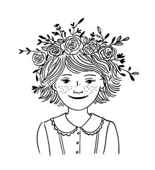 Elegant Hand-Drawn Portrait of Vintage Girl with Flower Crown for Invitation Art