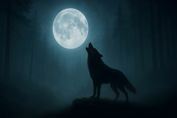 Lonely wolf howling under full moon, dramatic wildlife night scene
