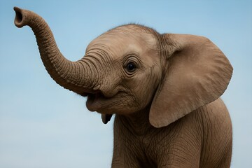 Baby elephant with trunk raised, close-up portrait on blue background