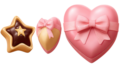 Three gift-like items a star cookie, heart-shaped box, and heart-shaped gift with bow