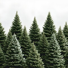 Fototapeta premium A dense evergreen forest with tall fir trees creating a natural green canopy against an overcast sky for forestry nature background use.