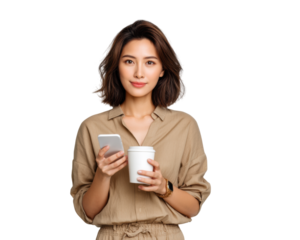Asian businesswoman smartphone coffee cup casual confident smile on isolated transparent Background