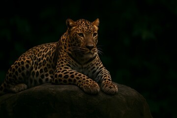 Fototapeta premium Majestic leopard resting on dark background – wild jungle cat close-up