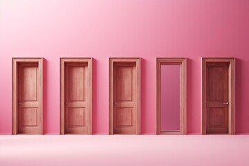 Wooden doors and a mirror on a pink wall representing choices, opportunities, and self reflection in life