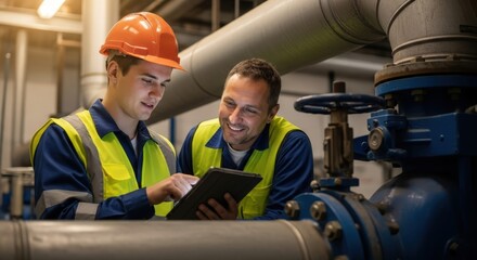 Two smiling industrial workers in safety vests and hard hat checking digital tablet in factory boiler room