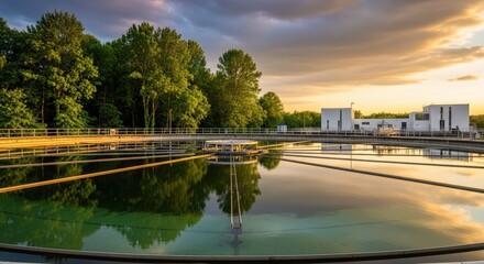 Obraz premium Water treatment plant with large basins and modern building under a beautiful sunset sky