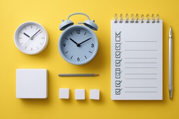Flat Lay Composition with Pastel Alarm Clocks and Checklist on Yellow Background: Time Management, Task Tracking, and Organizational Tools for Productivity