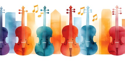 Naklejka premium Colorful Watercolor Illustrations of Violins with Musical Notes and Abstract Backgrounds