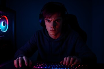 Tension teenage gamer boy front side RGB pc lights effect face