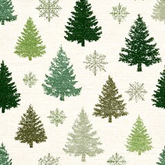 Fototapeta premium A festive holiday pattern features green Christmas trees and snowflakes against a textured cream background perfect for seasonal designs.