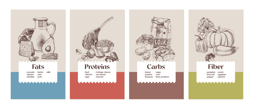 Set of macronutrients - fats, proteins, carbs and fiber