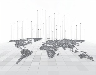 Gray 3D world map with connecting lines emanating upwards, on a gray and white tiled surface