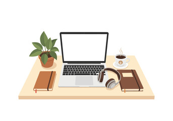 Fototapeta premium Workspace Setup Laptop, Headphones, Notebooks, and Coffee Cup for Productivity and Relaxation