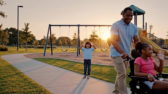 A father pushes his daughter in a wheelchair through a beautiful park at sunset. The son plays on the swings nearby, creating joyful memories together as a family.