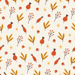 Autumn seamless pattern with briar, leaves, berries, branches and stars on white background. Perfect for wallpaper, gift paper, greeting cards. Vector hand drawn illustration