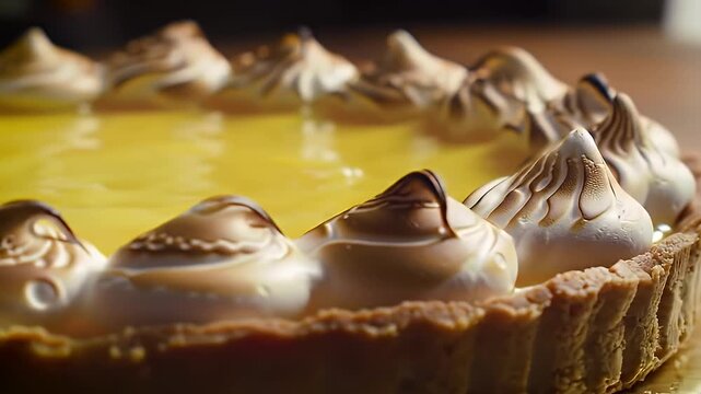 Gourmet Yuzu Tart with glistening yellow curd and torched meringue. Warm golden hour light